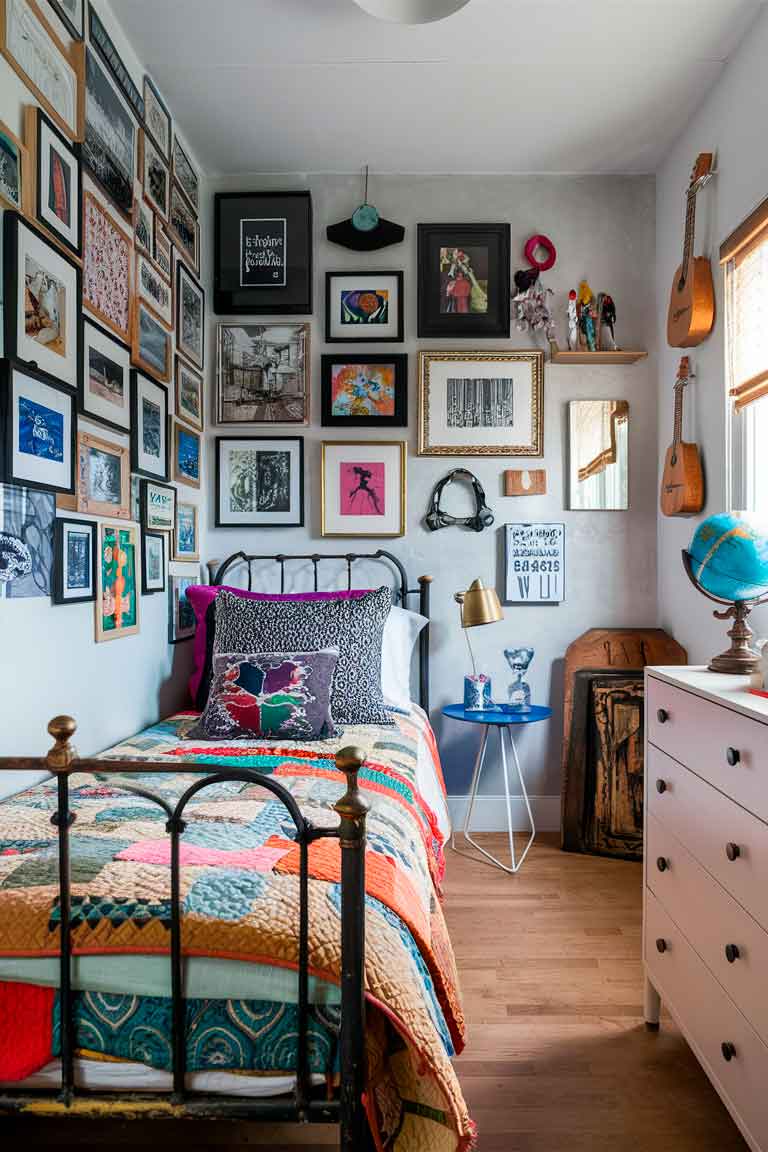 A tiny eclectic bedroom showcasing a mix of styles. The bed features a vintage iron frame with a colorful quilt and mismatched pillows. One wall is covered in a gallery of diverse artwork and photographs in different frame styles. A modern side table contrasts with a vintage dresser. Unique decor items, including a ukulele on the wall and a collection of globes on a shelf, add personality to the space.