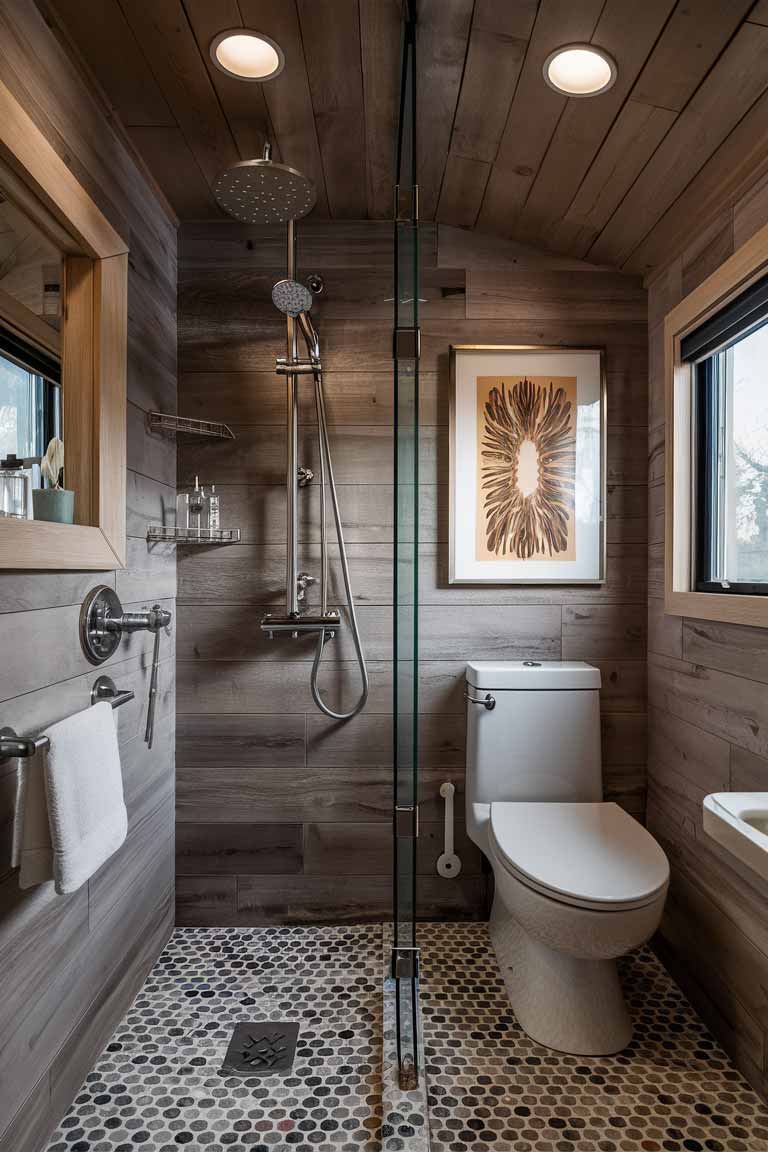 A tiny home bathroom featuring a spa-quality shower with a rain showerhead and body jets, as well as a high-end, wall-mounted toilet, showcasing how these fixtures can elevate the overall bathroom experience in a small space.