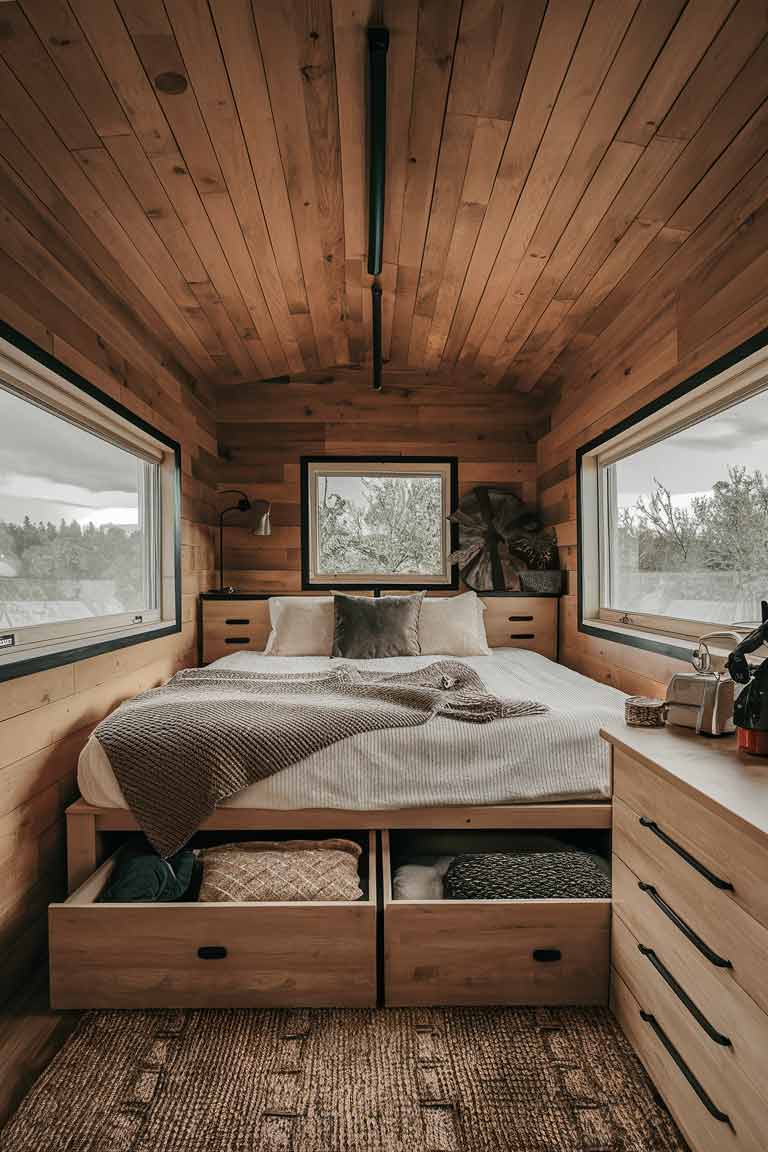 A tiny home bedroom featuring a storage bed, with the drawers or lift-up storage component visible, demonstrating how it maximizes underutilized space without compromising the overall aesthetic.