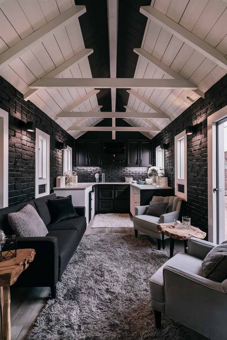 A tiny home interior featuring a monochromatic color scheme, showcasing how the use of varying shades, textures, and materials can create a luxurious, cohesive look.