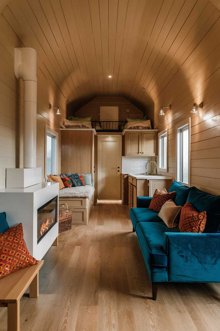 A tiny home interior featuring a neutral color palette with rich accent colors, demonstrating how this approach can create a serene, luxurious base while incorporating pops of contrast.