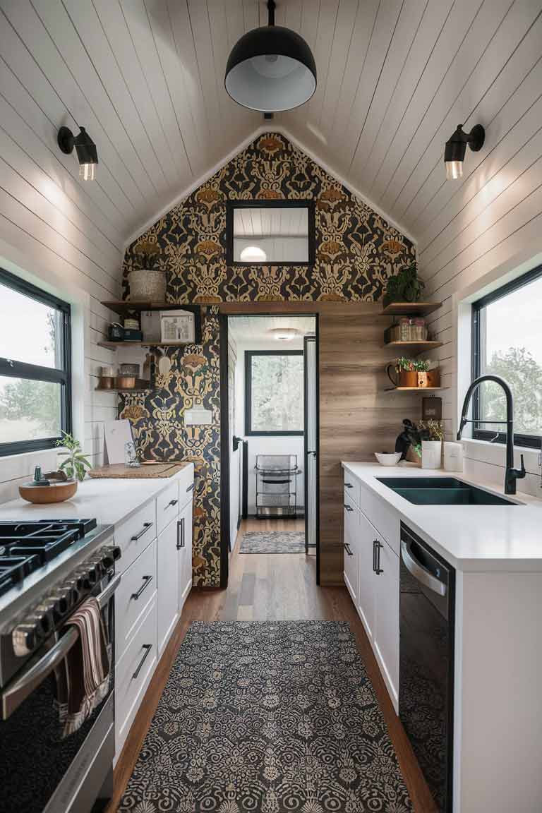 A tiny home interior featuring an accent wall with a bold, designer wallpaper pattern and wood paneling, demonstrating how these high-end wall treatments can create visual interest and a sense of sophistication.