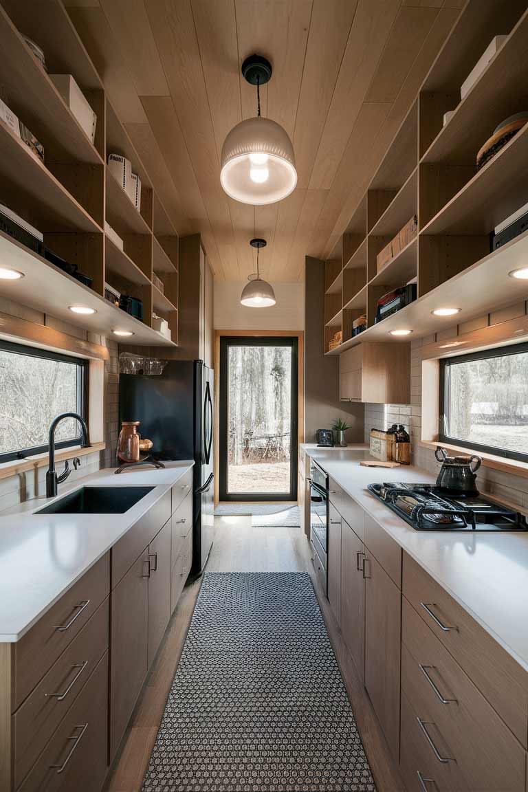 A tiny home interior featuring floor-to-ceiling built-in shelving that maximizes vertical space, with the shelves neatly organized and complemented by hidden storage compartments for a sleek, uncluttered appearance.