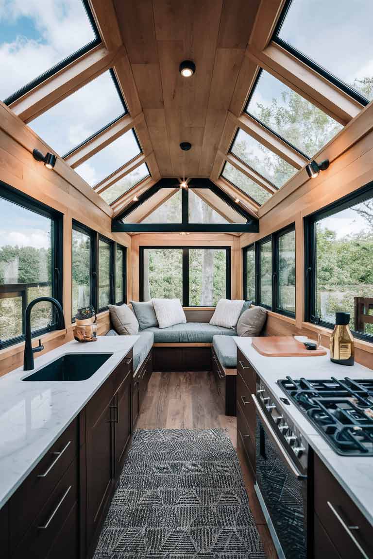 A tiny home interior featuring large windows and skylights, showcasing how maximizing natural light can enhance the luxurious feel of the space and create a sense of openness.