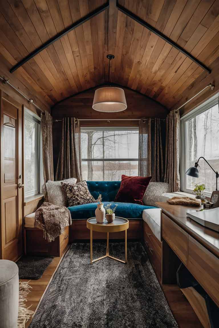 A tiny home interior featuring plush velvet or silk textiles, such as throw pillows or curtains, that add a sense of opulence and visual interest to the space.