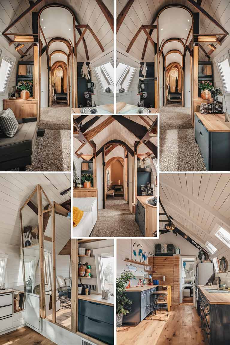 A tiny home interior featuring the strategic placement of oversized mirrors to reflect light and create an illusion of additional space, blending seamlessly with the overall design scheme.