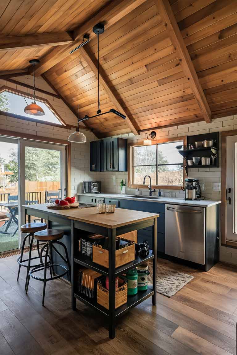 A tiny home kitchen featuring a multi-purpose island that includes additional storage, seating, and prep space, showcasing how this custom design element can become the focal point of the room.