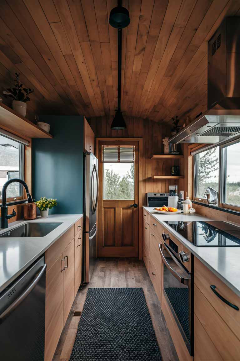 A tiny home kitchen featuring built-in, integrated appliances such as a refrigerator and a convection oven, demonstrating how they can create a seamless, high-end appearance.