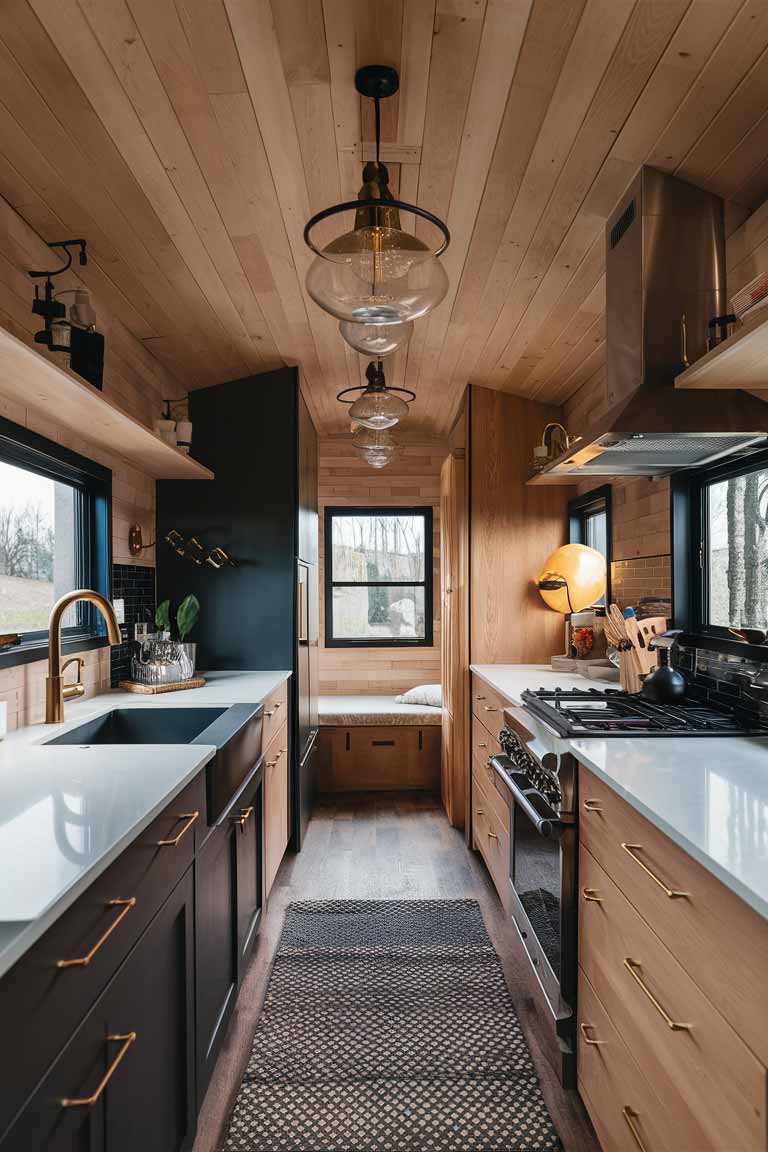 a tiny home kitchen featuring high-end hardware and fixtures, such as brass, gold, or black finishes on cabinet pulls, faucets, and light fixtures, showcasing how these details can tie the entire design scheme together.