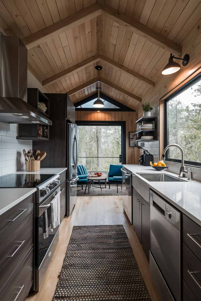 A tiny home kitchen featuring compact, luxury appliances such as an induction cooktop and a drawer dishwasher, showcasing how they can save space without compromising performance or aesthetics.