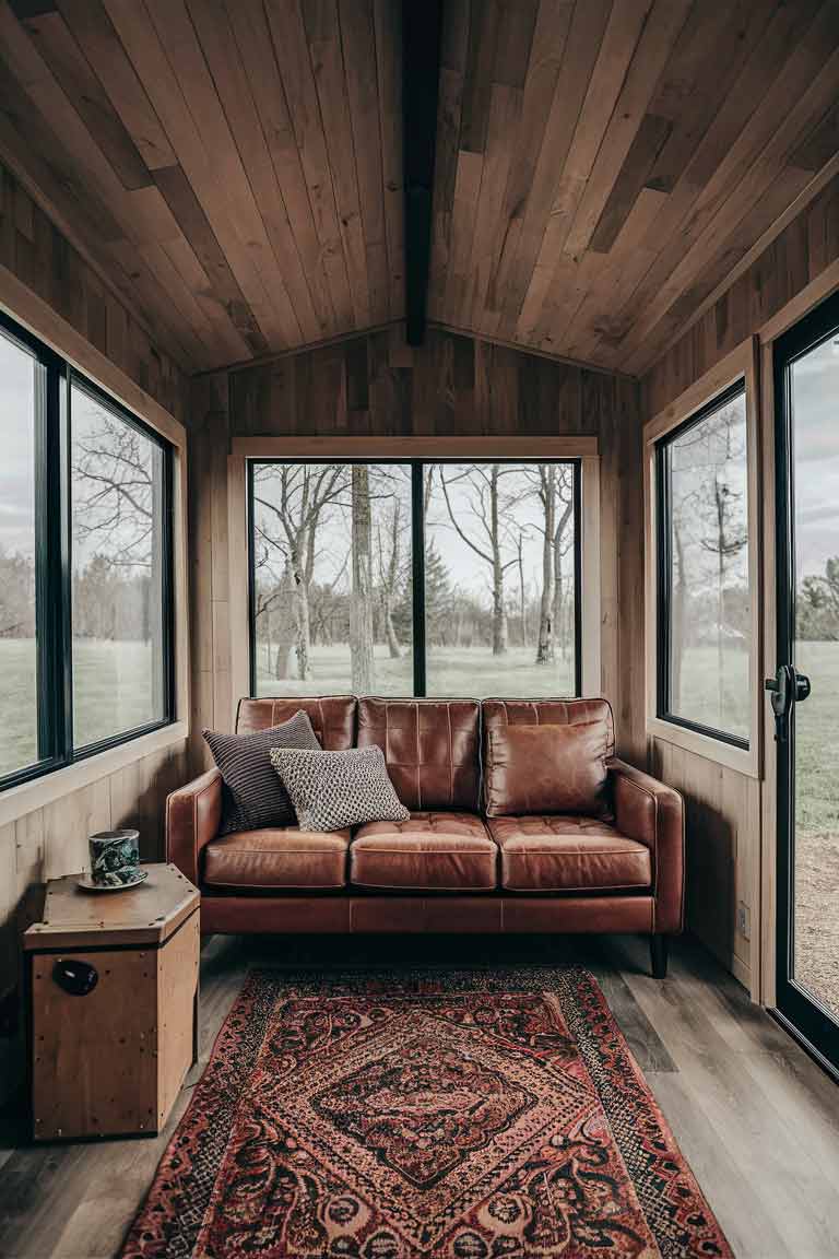 A tiny home living room or bedroom featuring a high-end leather sofa, showcasing how this durable, stylish material can contribute to the overall luxurious aesthetic while acknowledging the need for proper climate control.