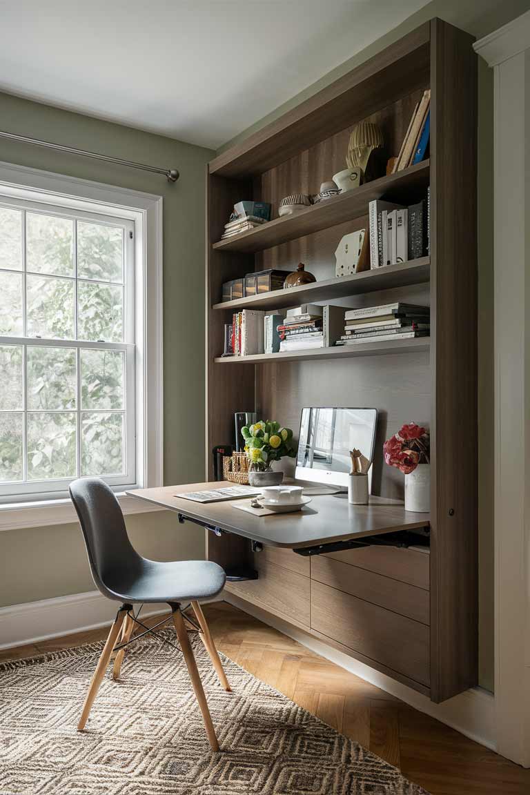 A tiny home office featuring a fold-down desk that seamlessly integrates into a wall unit, demonstrating the smooth, elegant operation of the mechanism.