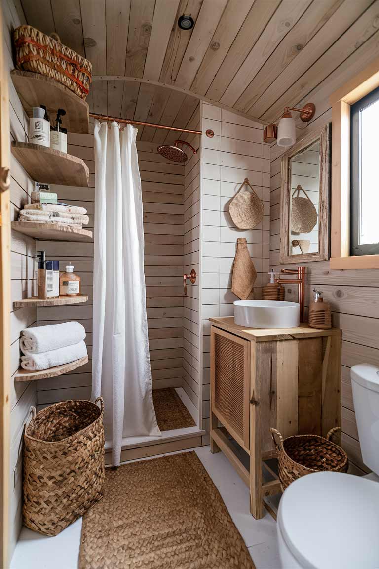 A tiny house bathroom featuring natural materials. Reclaimed wood shelving holds towels and toiletries, while a shower curtain hangs from a copper rod. A jute rug lies on the floor in front of a small vanity made from natural wood. Woven baskets and wooden accessories complete the natural, boho-inspired look.