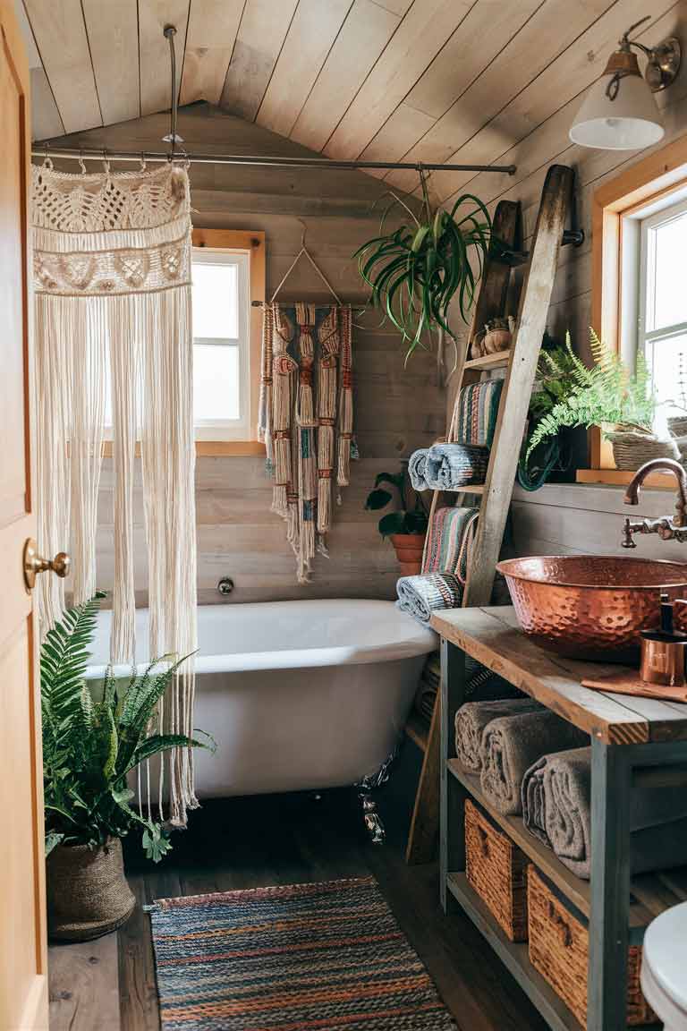 A tiny house bathroom with boho-inspired decor. A small, freestanding clawfoot tub takes center stage, with a macramé shower curtain hanging nearby. A hammered copper sink sits atop a reclaimed wood vanity. Open shelving holds rolled towels and woven baskets for storage. A wooden ladder leans against one wall, draped with colorful textiles. Potted ferns and air plants add a touch of greenery to the space.