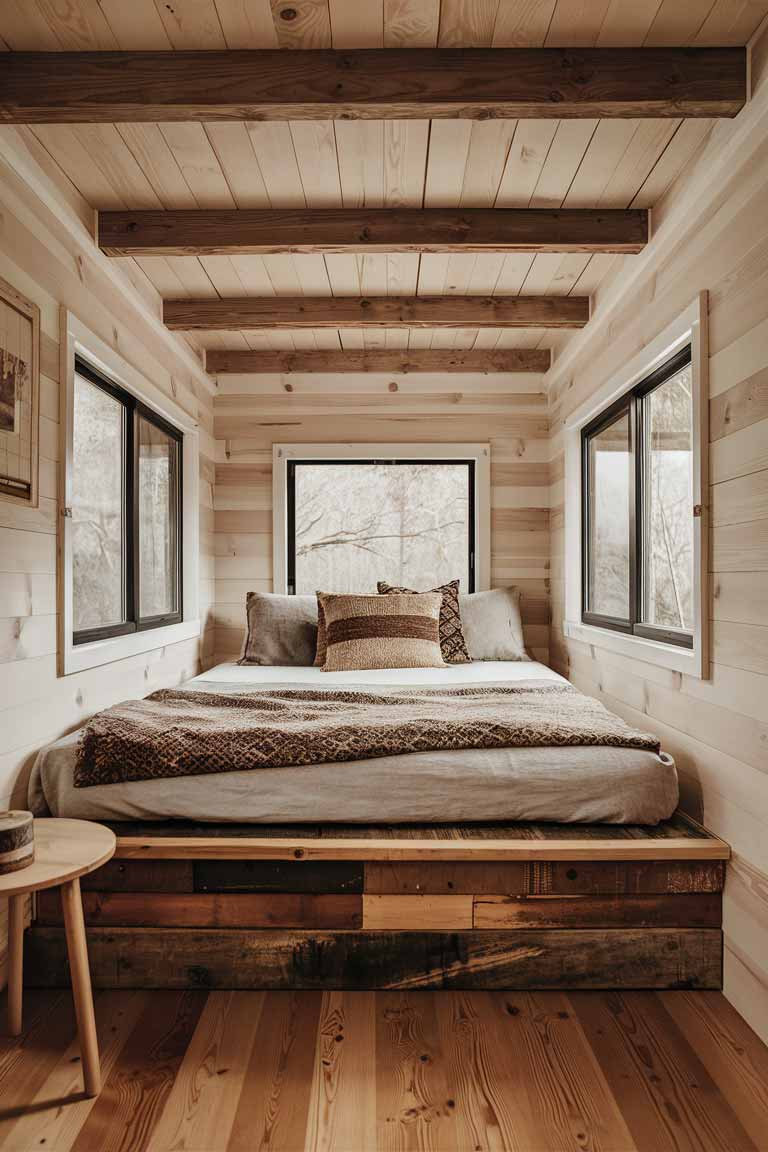 A tiny house bedroom featuring a low platform bed made of reclaimed wood. The ceiling has exposed wooden beams, and there's a small wooden side table, showcasing the incorporation of wood elements in the boho design.