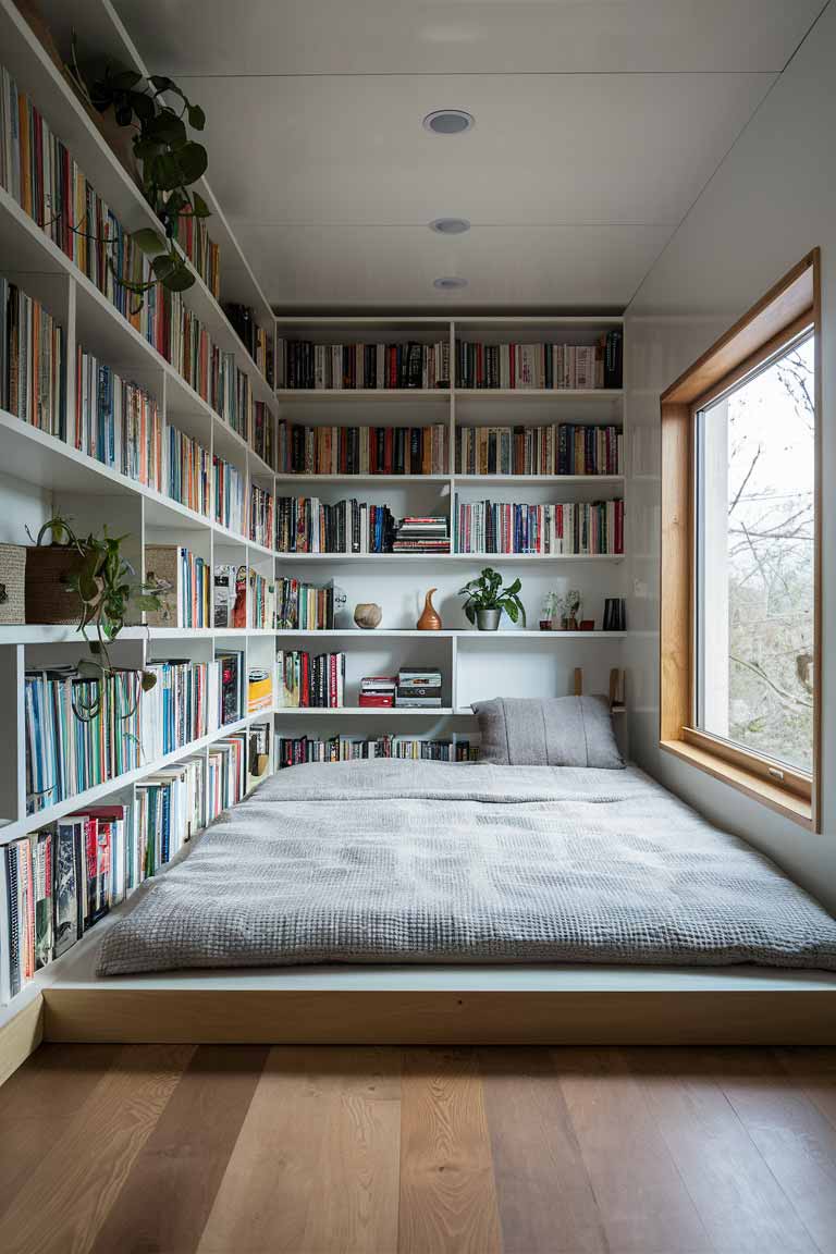 A tiny house bedroom with a low wooden bed and floor-to-ceiling wall-mounted shelves filled with books, plants, and decorative objects. The low bed creates a sense of space, while the shelves provide ample storage and display areas.