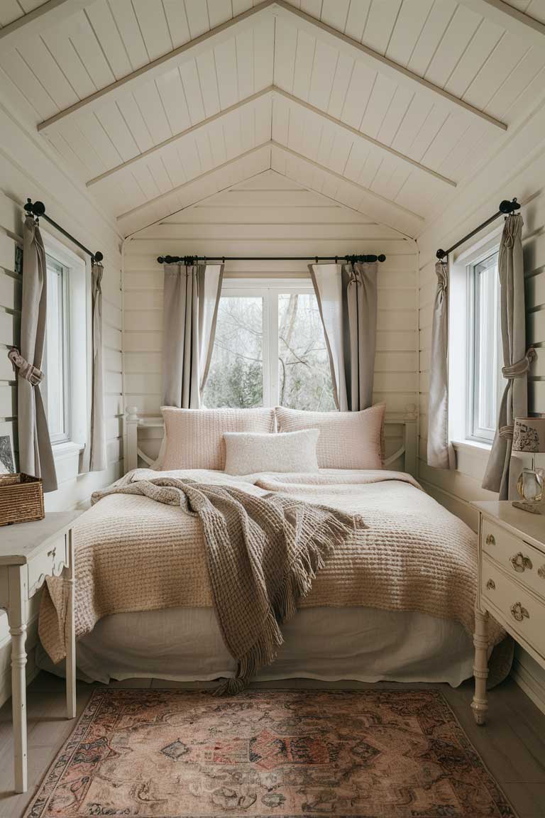 A tiny house bedroom with creamy white walls, soft beige bedding, and light gray curtains. The room looks bright and spacious, with vintage-inspired bedside tables and a small area rug.