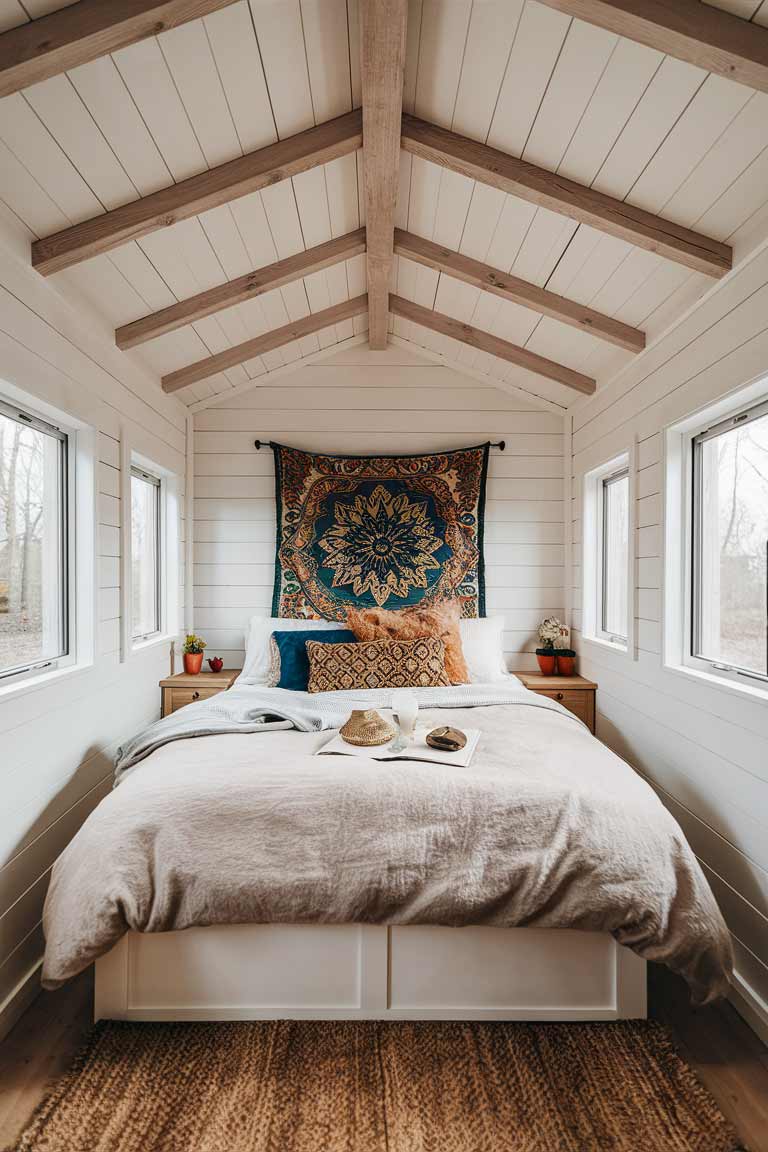 A tiny house bedroom with white walls and natural wood ceiling beams. A light beige linen duvet covers the bed, which is flanked by wooden nightstands. Pops of color appear in the form of throw pillows and a colorful tapestry on the wall, showcasing how neutrals can balance bolder boho elements.