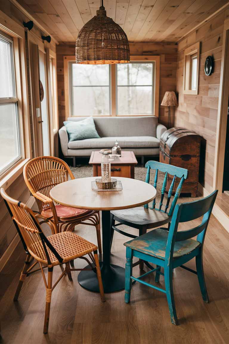 A tiny house dining and living area showcasing an eclectic mix of furniture. A small, round wooden table is surrounded by mismatched chairs - one rattan, one painted vintage wood, and one modern design. In the background, a modern sofa sits next to a vintage wooden chest used as a side table. A wicker pendant light hangs above, tying the eclectic elements together in true boho fashion.