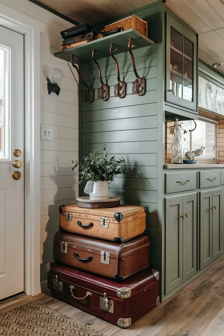 A tiny house entryway featuring a wall-mounted coat rack with ornate vintage hooks. Below it, a stack of antique suitcases serves as both storage and a side table. A pair of built-in cabinets with glass fronts and brass hardware is visible to one side.