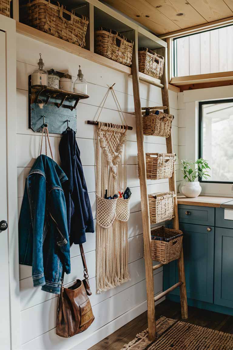 A tiny house entryway featuring vertical storage solutions. A wall-mounted vintage coat rack holds jackets and bags. Next to it, a macramé wall hanging with built-in pockets stores small items like keys and mail. Above, a wooden ladder leans against the wall, used for hanging additional storage baskets. The vertical use of space keeps the floor clear while maintaining a boho aesthetic.