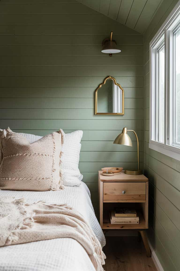 A tiny house bedroom corner featuring a sage green wall, white bedding, a beige throw pillow, a small gold-framed mirror, and a natural wood nightstand, demonstrating how these colors complement each other.