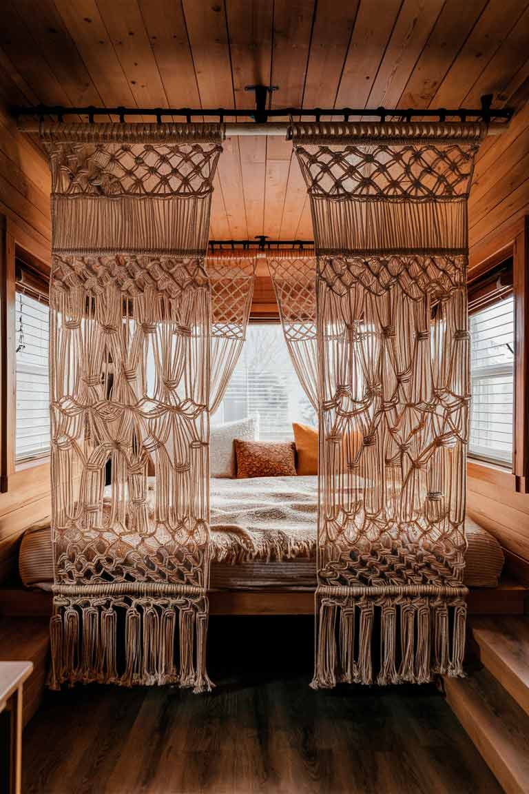 A ground floor tiny house interior showing a bedroom area separated from the living space by a large macramé wall hanging suspended from the ceiling. The bed is visible through the intricate pattern, maintaining an open feel while providing a sense of privacy.