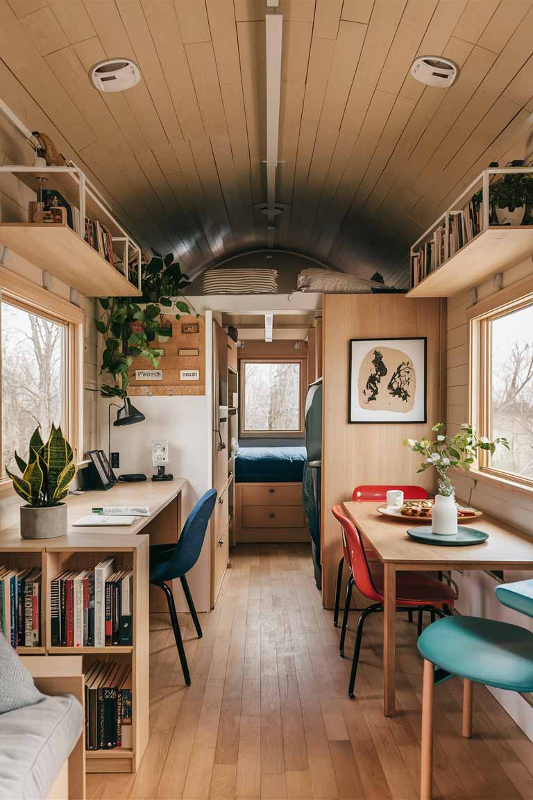 A tiny house interior demonstrating personalization and flexibility. Modular furniture pieces are arranged to create distinct living and dining areas. A movable partition partially separates a workspace. Adjustable shelving units display a mix of books, plants, and personal mementos. Artwork hangs on a picture rail system, allowing for easy rearrangement.