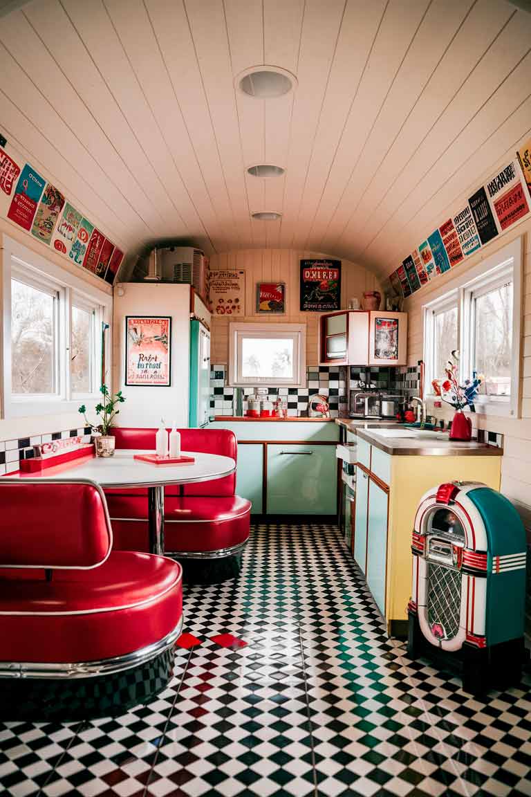 A tiny house interior designed to look like a retro 1950s diner. The floor features classic black and white checkerboard tiles. A small, rounded booth with red vinyl seating serves as both a dining and work area. The compact kitchen area showcases retro-style appliances in pastel colors. Vintage advertisements adorn the walls, adding splashes of color and nostalgia. A miniature jukebox sits in one corner, completing the diner atmosphere. The space is small but bursting with character and vintage charm.]