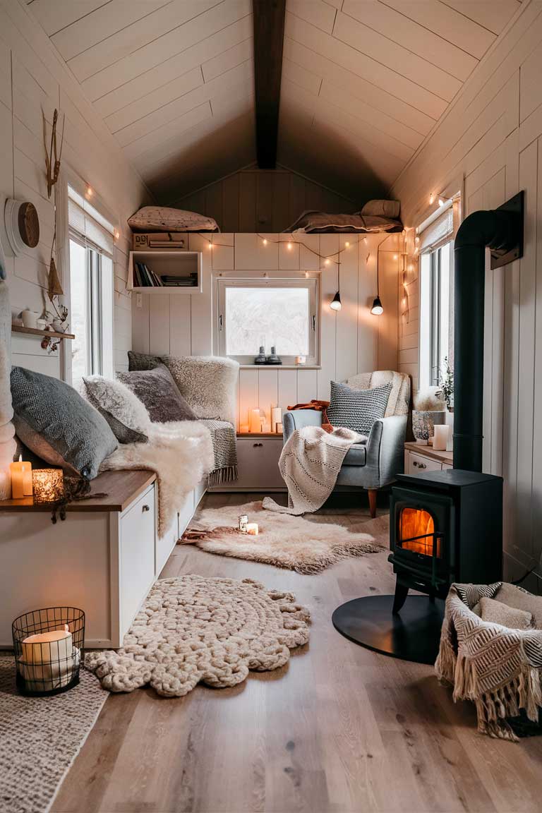 A tiny house interior embodying the Danish hygge concept. Soft, warm textiles dominate the space - think chunky knit blankets, fluffy rugs, and plush cushions. A small, modern wood-burning stove provides warmth and a focal point. A cozy reading nook features a comfortable armchair, soft lighting, and a small bookshelf. The color palette is neutral and calming, with lots of creams, grays, and soft browns. Candles and string lights add to the warm, inviting atmosphere.