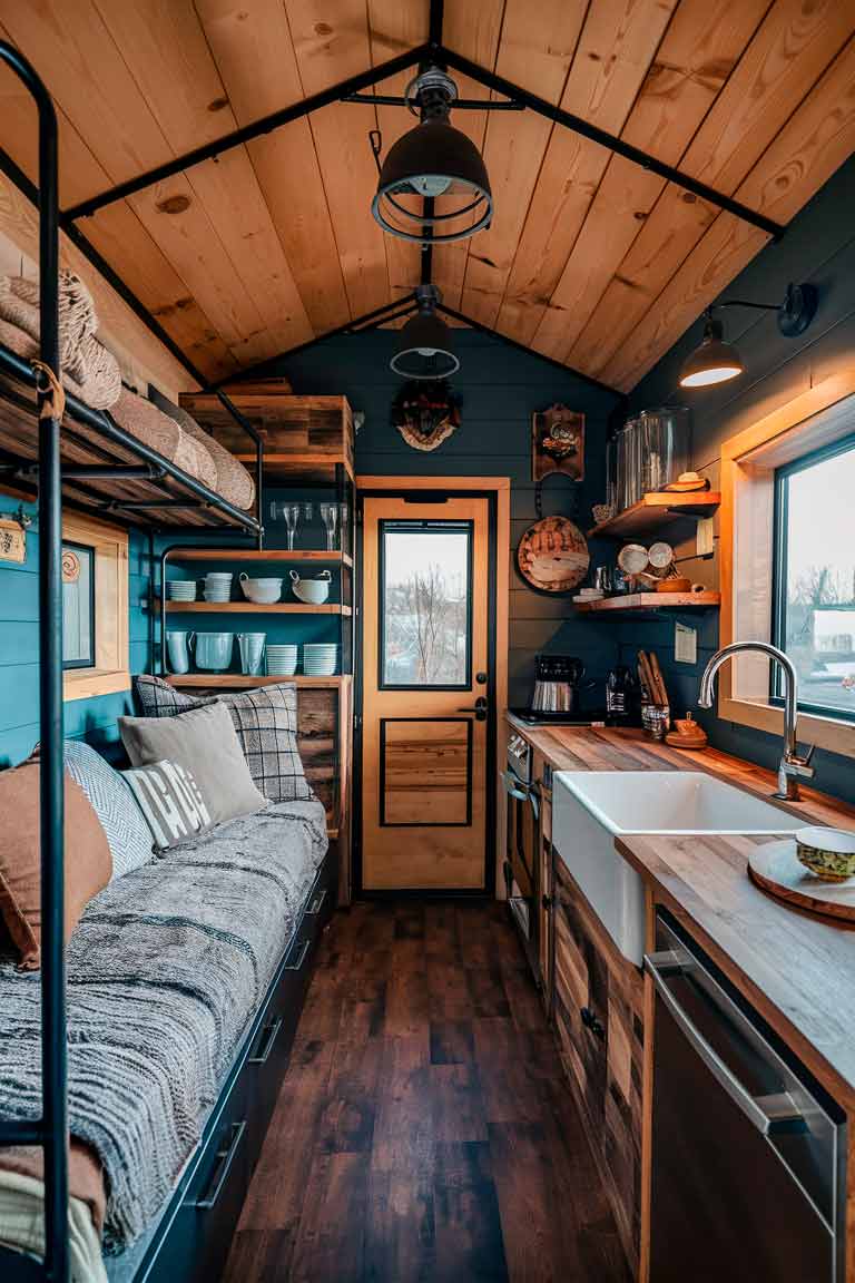 A tiny house interior showcasing a blend of urban and farmhouse styles. A metal-framed bed with cozy, rustic bedding occupies one end of the space. The compact kitchen features open shelving made from reclaimed wood, showcasing a mix of modern and vintage dishes. A farmhouse sink adds character to the kitchen area. Industrial-style lighting fixtures provide illumination. The color palette combines warm wood tones with cooler grays and blacks. Vintage-inspired decor items add personality to the space.