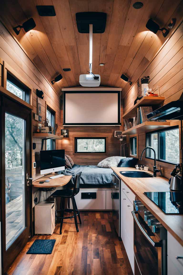 A tiny house interior showcasing smart technology integration. A voice-activated system controls lighting and temperature. Instead of a TV, a projector screen descends from the ceiling. A compact workstation features a computer. Energy-efficient appliances in the kitchen area complete the high-tech yet cozy space.