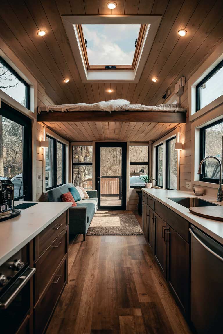 A tiny house interior showcasing various lighting strategies. A skylight in a lofted sleeping area floods the space with natural light. In the main living area, large windows and a glass door provide ample daylight. Recessed LED spotlights offer overhead illumination, while wall sconces provide accent lighting. Under-cabinet lights in the kitchen area add functionality and ambiance.