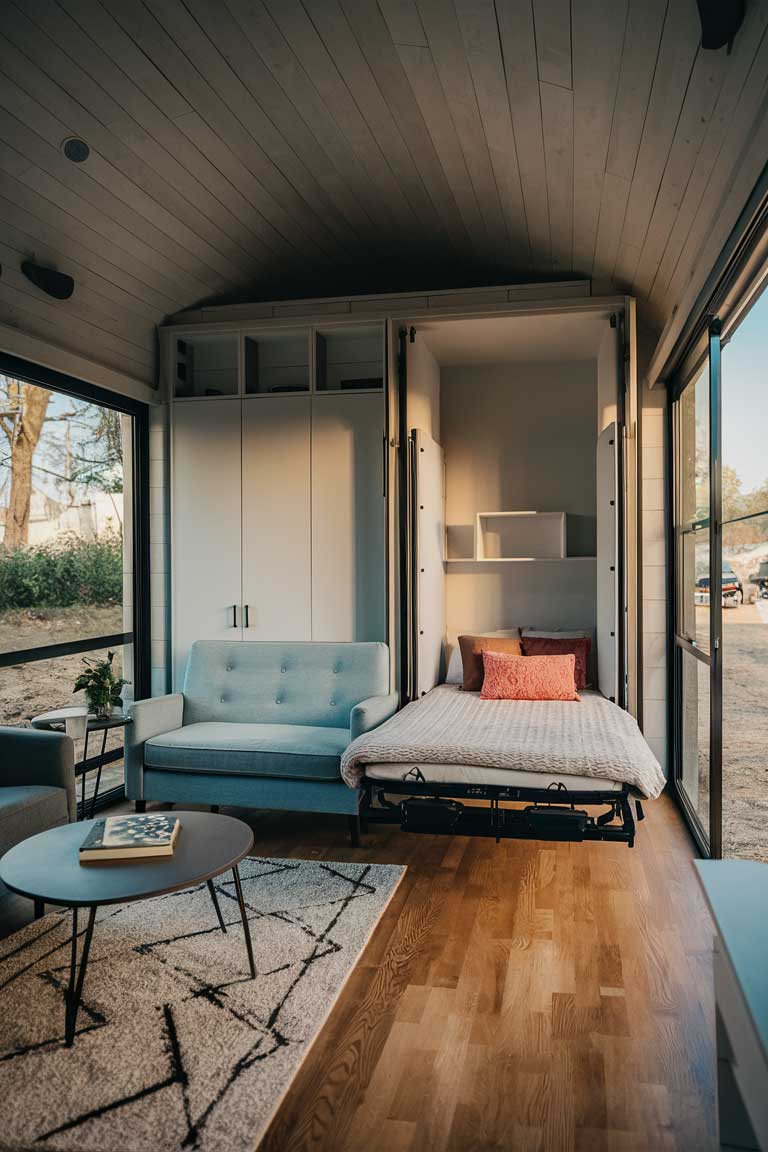 A tiny house interior showing a Murphy bed folded up against the wall, revealing a spacious living area with a small sofa and coffee table. The Murphy bed cabinet blends seamlessly with the wall design.