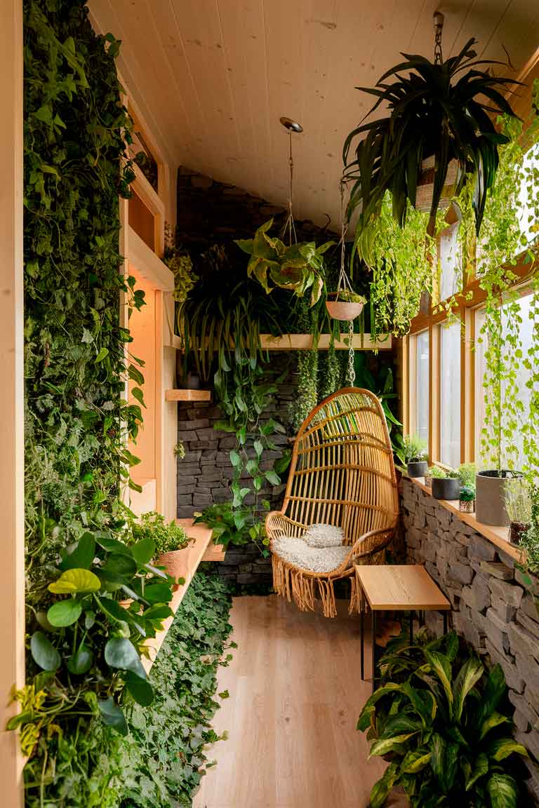 A tiny house interior transformed into an urban jungle. Some surfaces are covered in plants of varying sizes and types. A living wall covers one side of the room, creating a lush green backdrop. Hanging plants cascade from the ceiling. A small, rattan hanging chair provides a cozy seating nook amidst the greenery. with a small wood table by its side. Natural materials like wood and stone complement the plant life. The overall effect is of a wild, nature-filled oasis in a compact space.