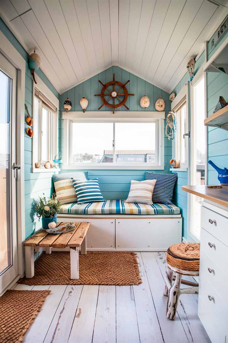 A tiny house interior with a coastal retreat theme. Whitewashed wood floors and light blue walls create a beachy atmosphere. A small, cushioned seating area features striped throw pillows in blues and whites. A coffee table made from driftwood sits in front of the seating. Nautical decor elements like a ship's wheel, seashells, and vintage buoys adorn the walls. A large window provides a view and plenty of natural light. The overall feel is fresh, airy, and reminiscent of a beach cottage.