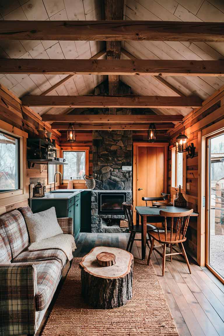 A tiny house interior with a rustic cabin feel. Exposed wooden beams cross the ceiling, and a small stone fireplace serves as the focal point. A plaid upholstered sofa is adorned with a cozy wool throw. A coffee table made from a slice of tree trunk sits in front of the sofa. Mismatched wooden chairs surround a small dining table. Warm, earthy tones dominate the color palette. Vintage lanterns and rustic decor items add to the cabin atmosphere.