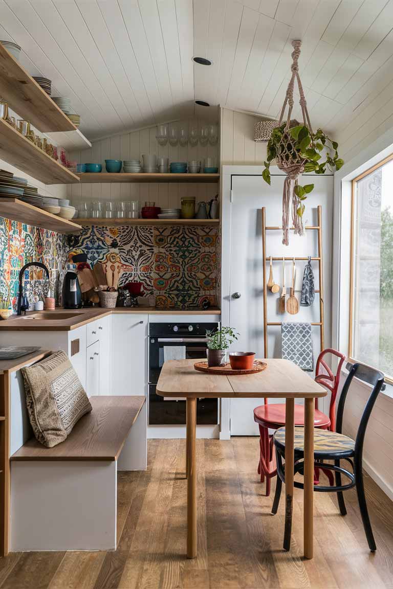 A tiny house kitchen and dining area with boho flair. Open wooden shelves display a collection of colorful dishes and glasses. The backsplash features bold, patterned tiles. A small wooden dining table is paired with a built-in bench on one side and two mismatched chairs on the other. Above the table, a macramé plant hanger holds a trailing plant. A wooden ladder leans against one wall, used to hang cooking utensils and tea towels.