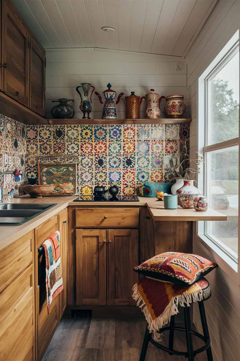 A tiny house kitchen featuring global influences. The backsplash is covered in colorful Moroccan-inspired tiles, creating a focal point. On the small countertop, a collection of global artifacts is displayed, including a Turkish coffee pot and hand-painted ceramics. A kitchen stool is draped with a colorful kilim pillow, while a mud cloth tea towel hangs nearby. The space feels well-traveled and personally curated.