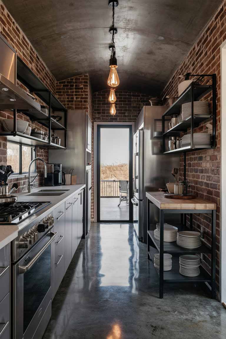 A tiny house kitchen with an industrial chic aesthetic. Exposed brick walls contrast with sleek metal cabinets and stainless steel appliances. A polished concrete floor adds to the industrial feel. Open metal shelving displays cookware and dishes, while pendant lights with Edison bulbs hang above a small butcher block island.