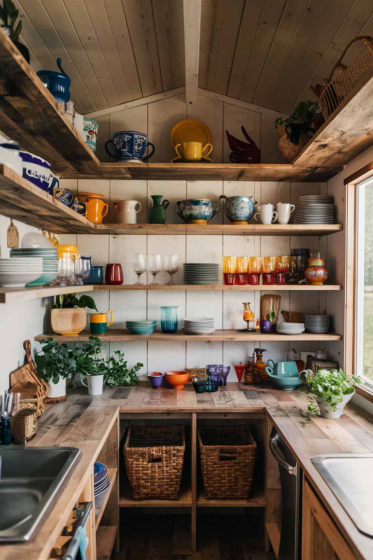 A tiny house kitchen with open shelving. The shelves, made from reclaimed wood, display an eclectic mix of colorful dishes, glasses, and pottery. Some shelves hold small potted herbs and woven baskets for additional storage. The open layout creates a sense of spaciousness while showcasing the homeowner's unique style.