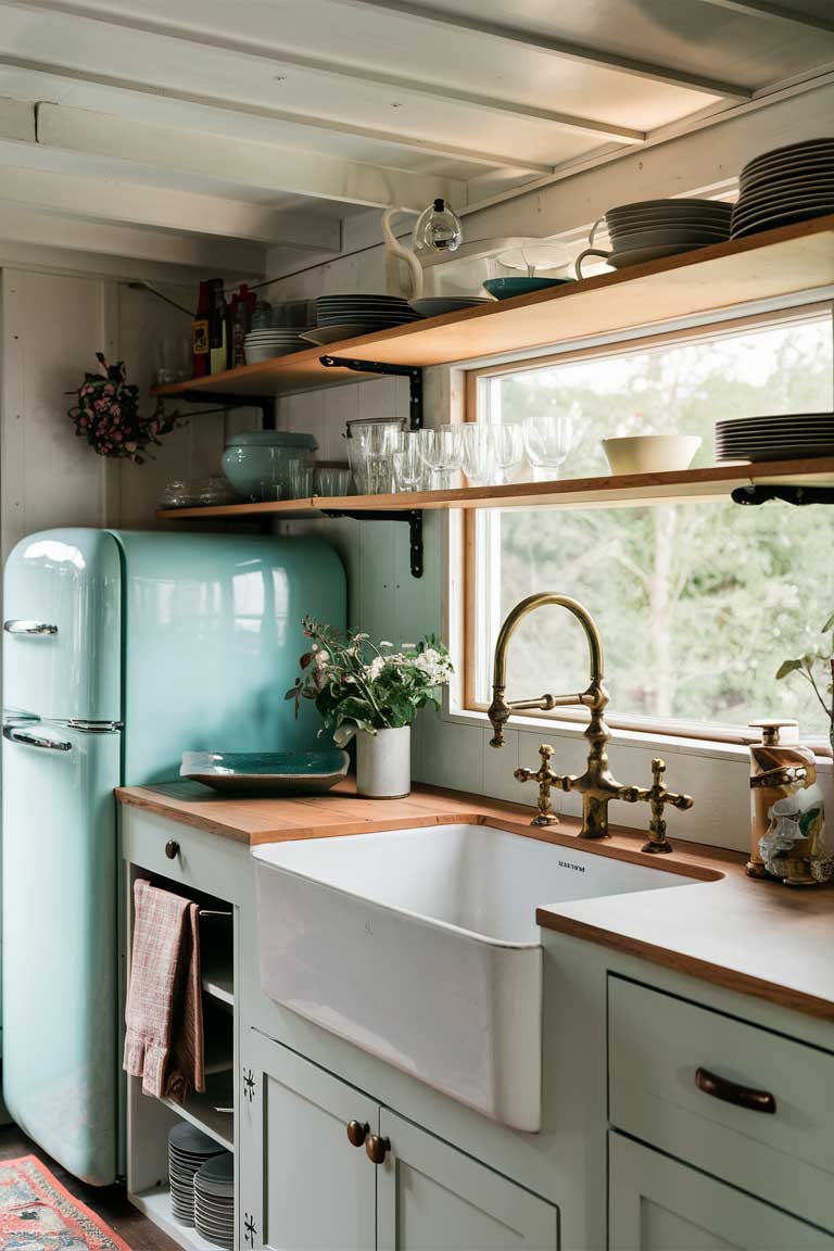 A tiny house kitchen with open shelving displaying vintage dishes and glassware. A pastel blue retro-style refrigerator is visible, and a white farmhouse sink with antique brass faucets is the focal point of the space.