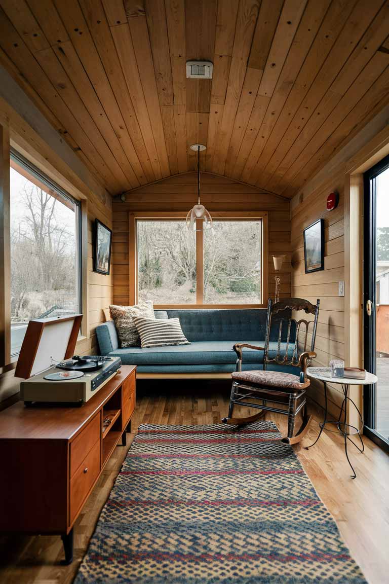 A tiny house living area featuring a compact mid-century modern sofa. A vintage console holds a retro record player, and in one corner, an antique rocking chair with a small side table creates a cozy reading nook.