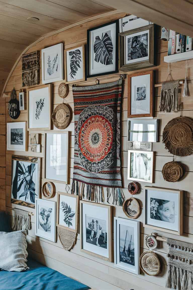 A tiny house living area wall featuring an eclectic gallery display. The wall is adorned with a mix of framed artwork in various sizes and styles, including botanical prints and personal photographs. A large, colorful tapestry hangs centrally, while smaller woven wall hangings fill the spaces between frames. The overall effect is a personalized, bohemian-inspired art wall that adds character to the small space.