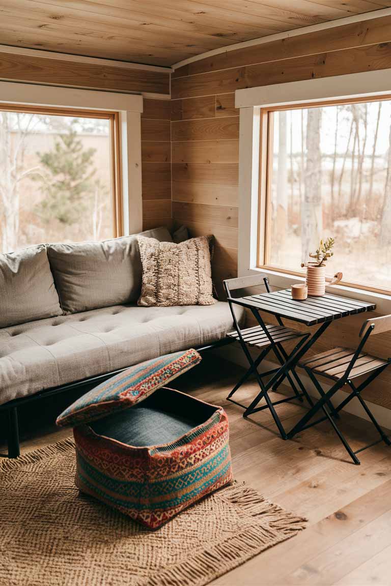 a tiny house living area with a comfortable looking sofa