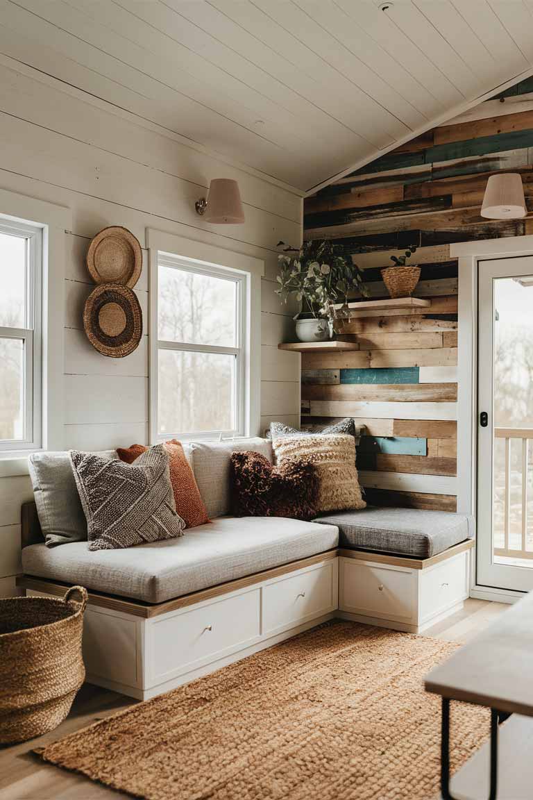 A tiny house living area showcasing a thoughtful color and texture palette. Walls are a light, neutral color, making the space feel open. A reclaimed wood accent wall adds warmth and texture. The sofa features a mix of textured throw pillows in complementary hues. Natural materials like a jute rug and woven baskets add depth to the space.