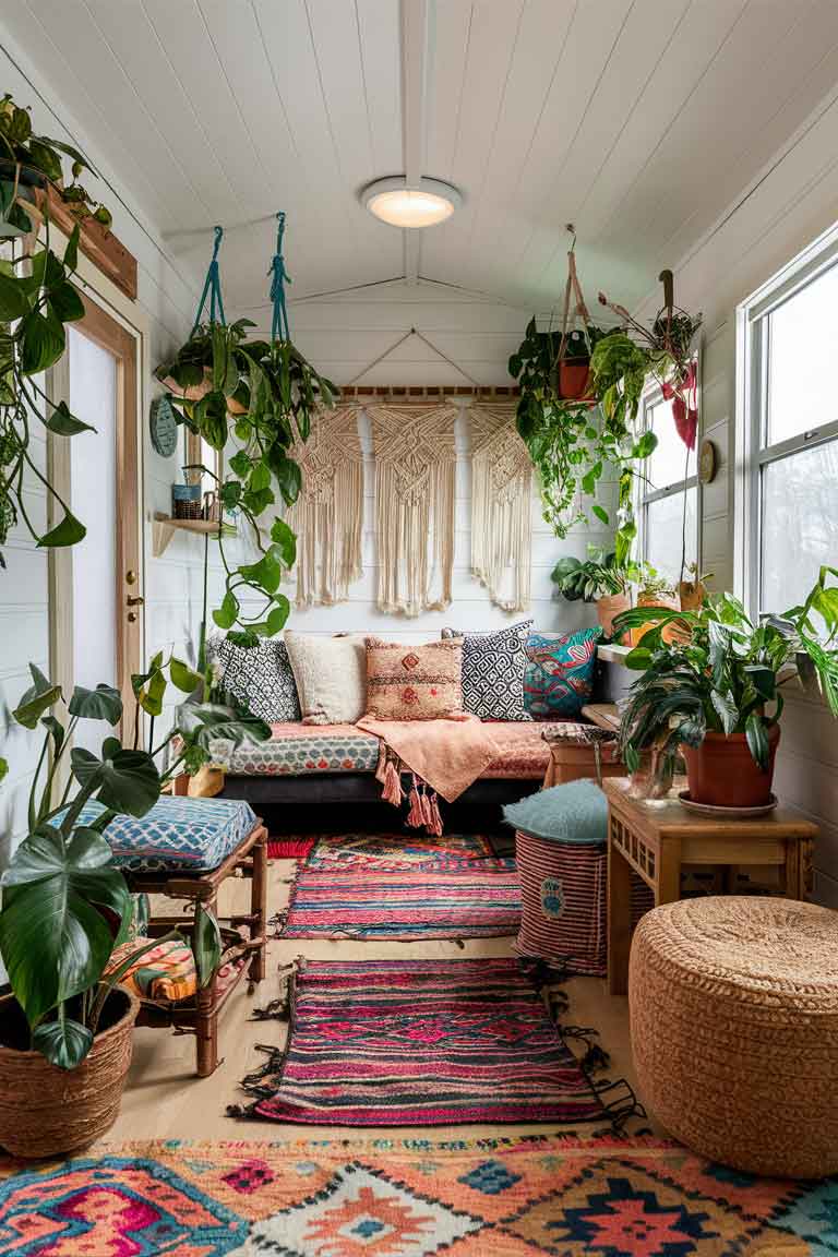 A tiny house living room bursting with bohemian flair. Colorful rugs layer the floor, while an array of patterned throw pillows adorn a compact sofa. Macramé wall hangings and abundant potted plants add texture and life to the space. A mix of vintage and modern furniture pieces complete the eclectic look.