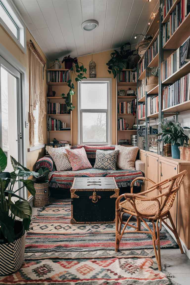 A tiny house living room showcasing boho style. A small, colorful sofa is adorned with an array of patterned throw pillows. Layered rugs in complementary patterns cover the floor. A vintage trunk serves as a coffee table, while a rattan hanging chair provides additional seating. Tall bookshelves filled with books, plants, and eclectic decor items line one wall. String lights and macramé wall hangings add to the cozy, bohemian atmosphere.