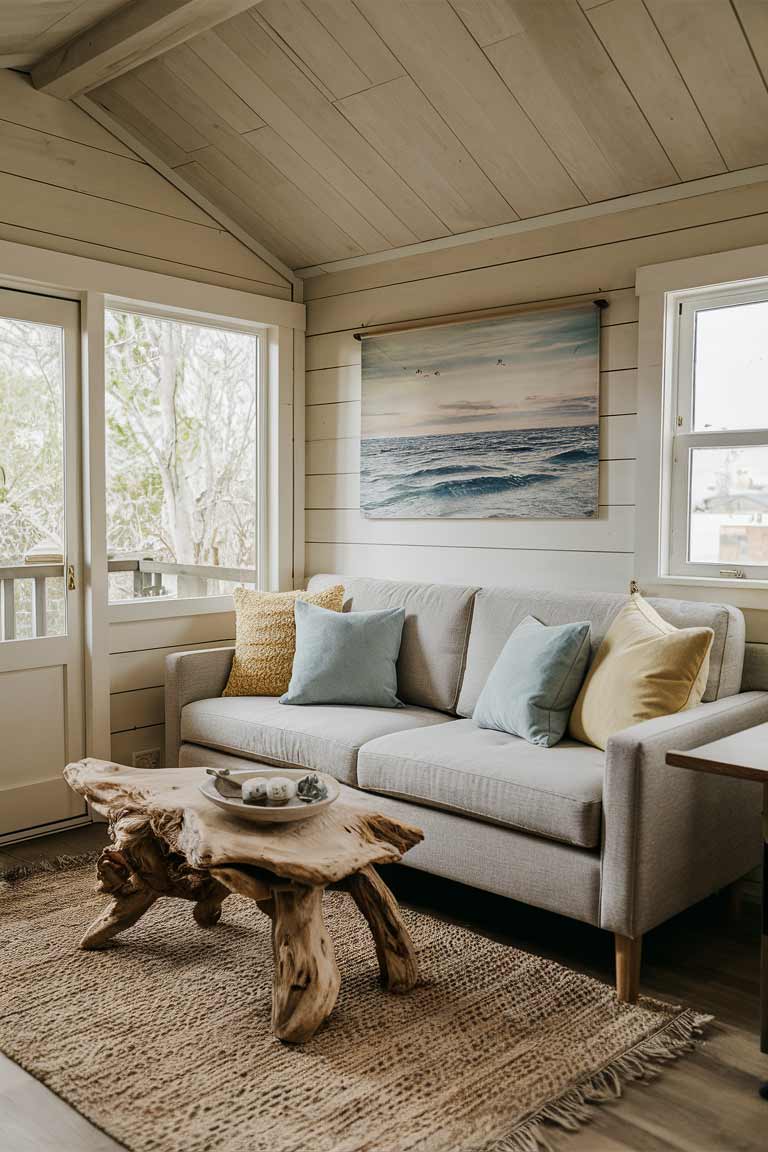 A tiny house living room with a neutral sofa, accented by light blue and yellow throw pillows, complemented by a driftwood-inspired coffee table and a seascape wall hanging.