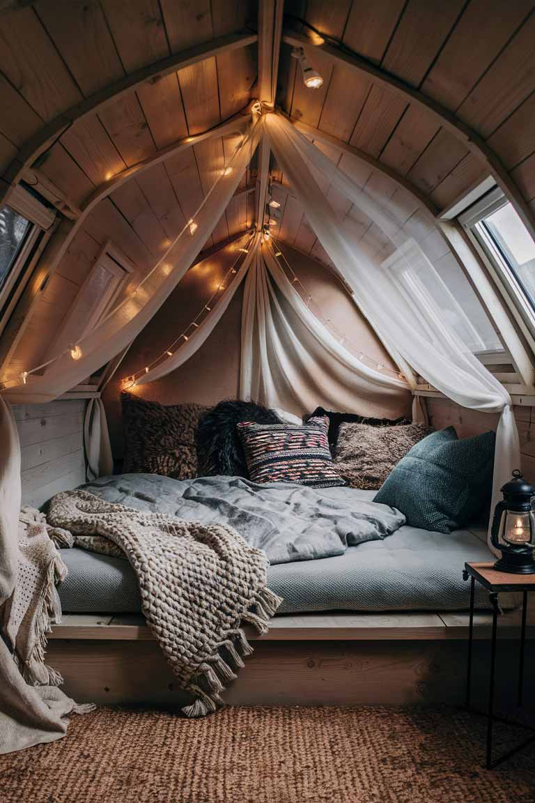 A tiny house loft bedroom with a cozy, boho-inspired sleeping nook. A low-profile mattress is dressed in layers of textured bedding, including linen sheets, a chunky knit throw, and an array of patterned pillows. Sheer fabric is draped from the ceiling, creating a canopy effect. Warm string lights are woven through the canopy, casting a soft glow. A small wooden nightstand holds a vintage lantern, completing the cozy, intimate atmosphere.